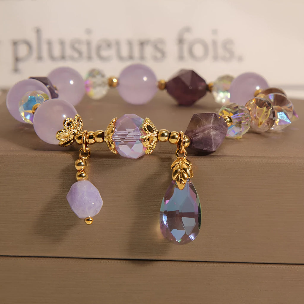Retro purple crystal bracelet with lavender water drop charms for children