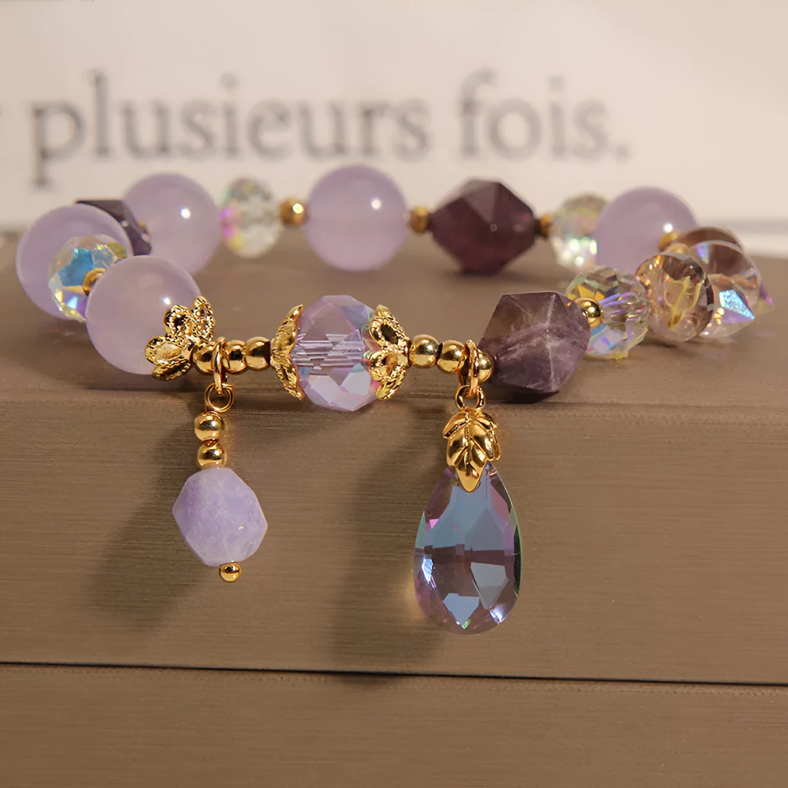 Retro purple crystal bracelet with lavender water drop charms for children