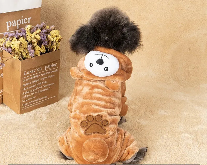 Coral fleece dog costume four-legged cartoon dinosaur style on a dog