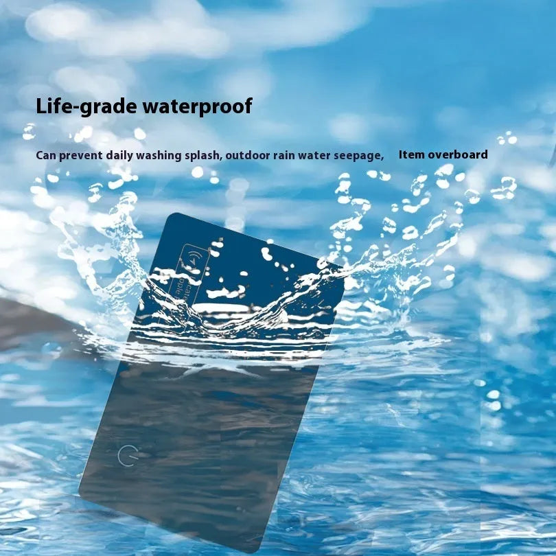 Black ultra-thin anti-loss card for Apple devices showing credit card dimensions and MFI certification