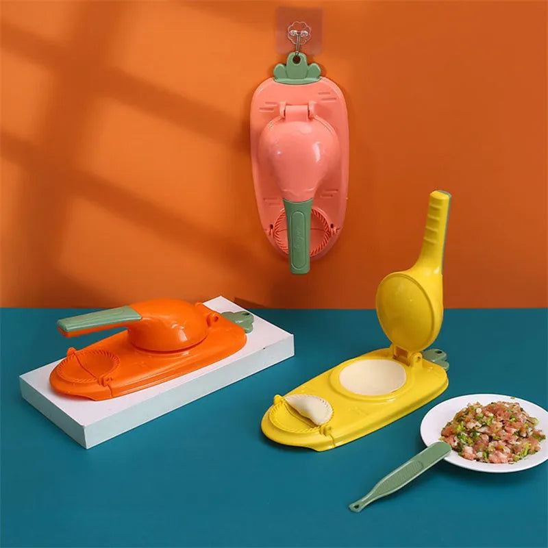 Orange and white 2-in-1 kitchen dumpling making tool with ergonomic handle and hanging hole