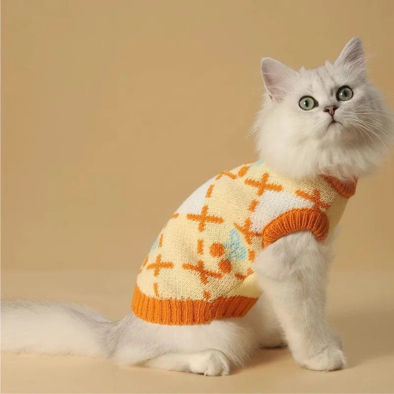 Orange cherry pattern cat sweater for autumn and winter wear with warm windproof design