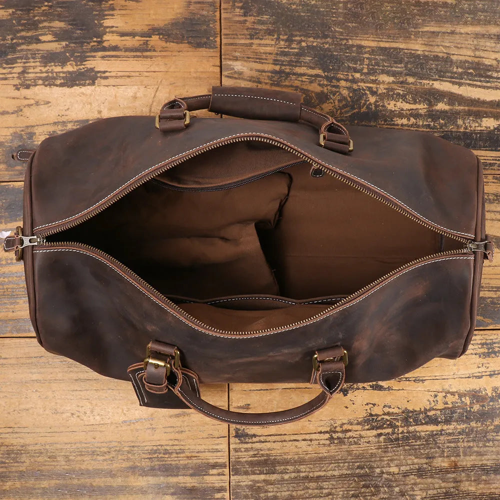 Men's genuine first layer cowhide leather travel bag in retro solid colour, available in black or dark brown, 50cm or 55cm