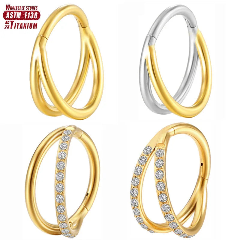 Titanium alloy nose ring showing plain and diamond-set versions in silver, gold, black, and rose gold colours.