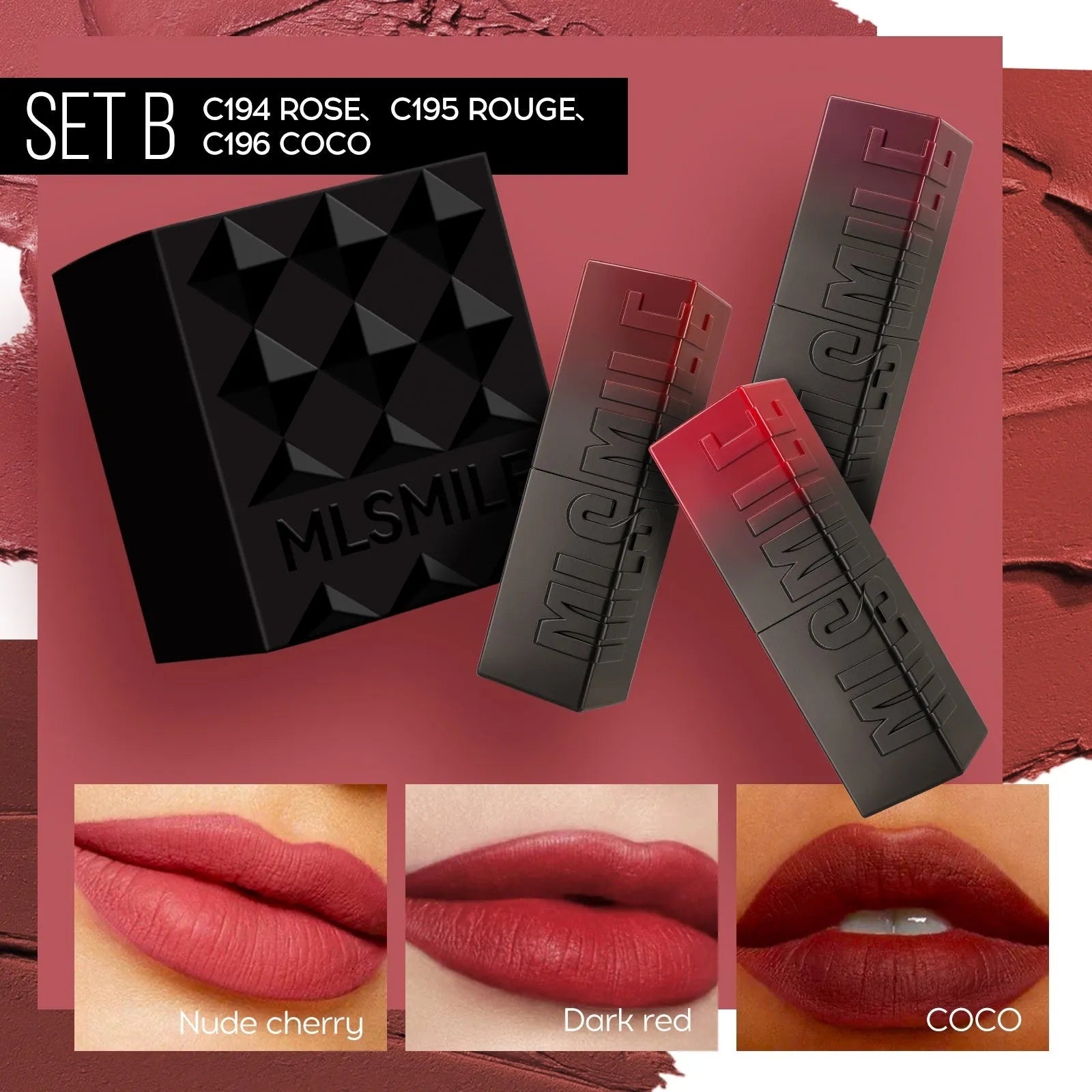 MLSMILE embossed lipstick set showing three tubes in a box with choice of A or B Suit colours.