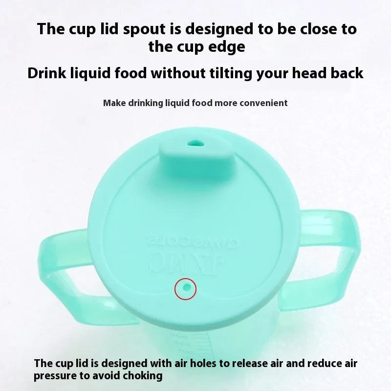 Oblique mouth choke proof drinking cup with optional wrist splint for elderly and pregnant women bed use