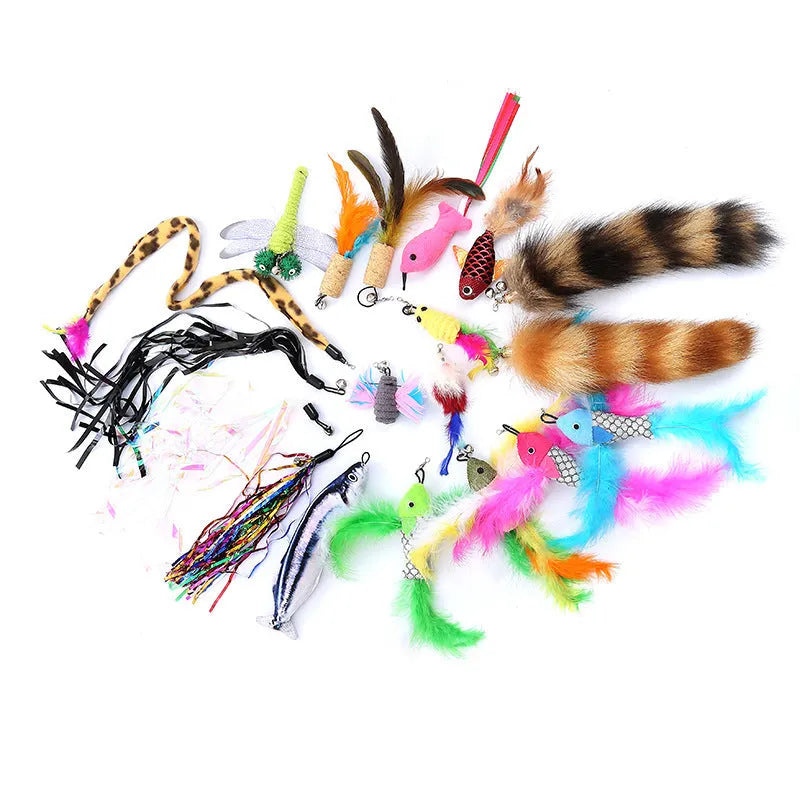 Cat teasing pole set with three-section fishing rod and feather replacement heads