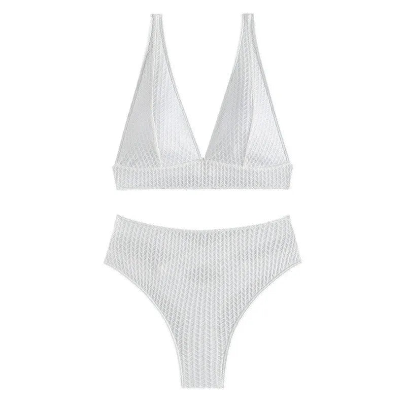 White backless women's bikini swimsuit with briefs style on mannequin
