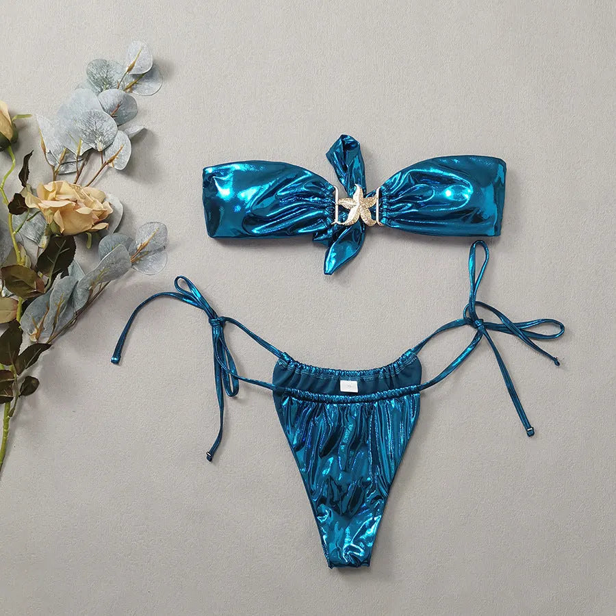 Women's glossy split bikini with gold starfish decoration in sapphire blue colour