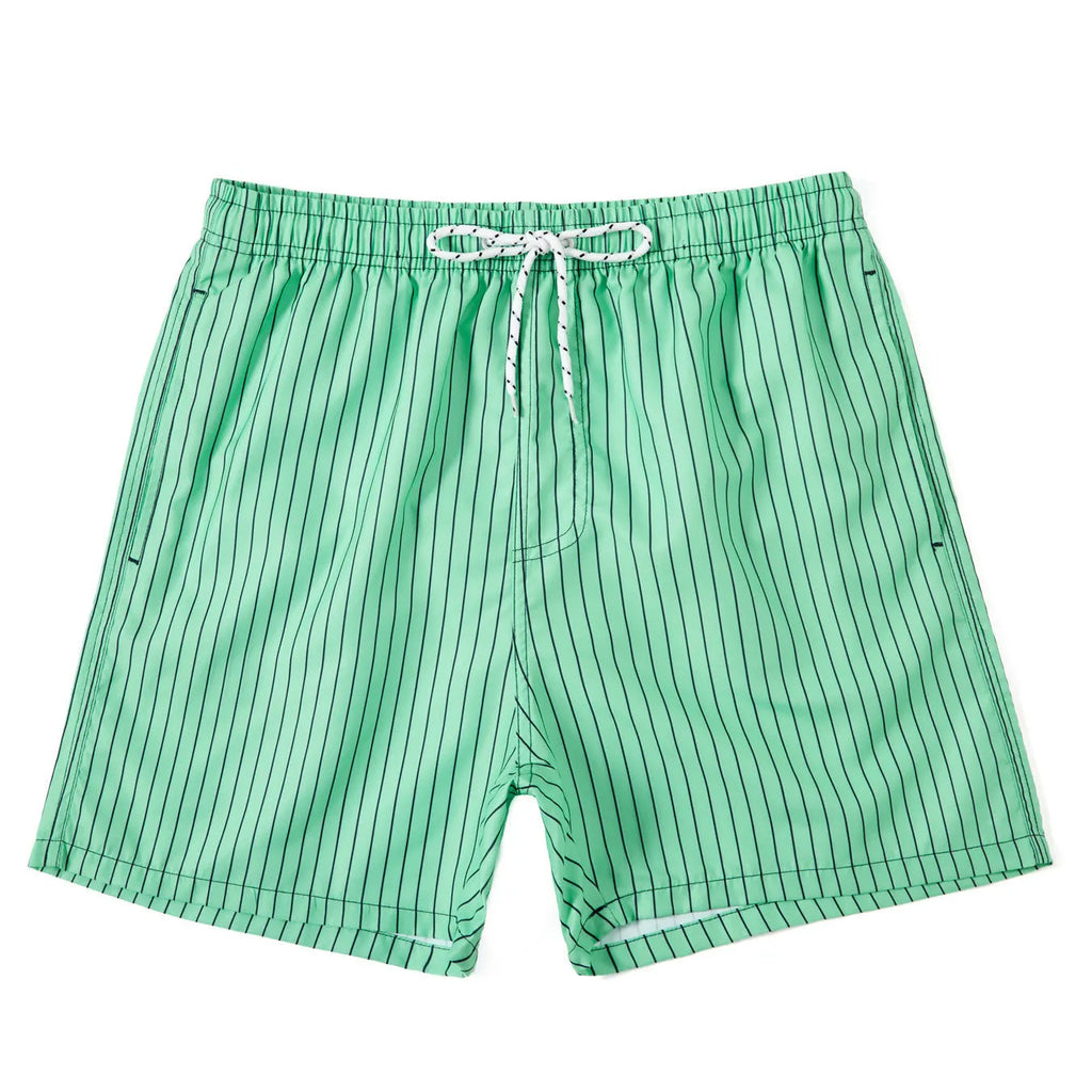 Men's navy blue and grey striped beach shorts with straight legs and built-in lining, laid flat.