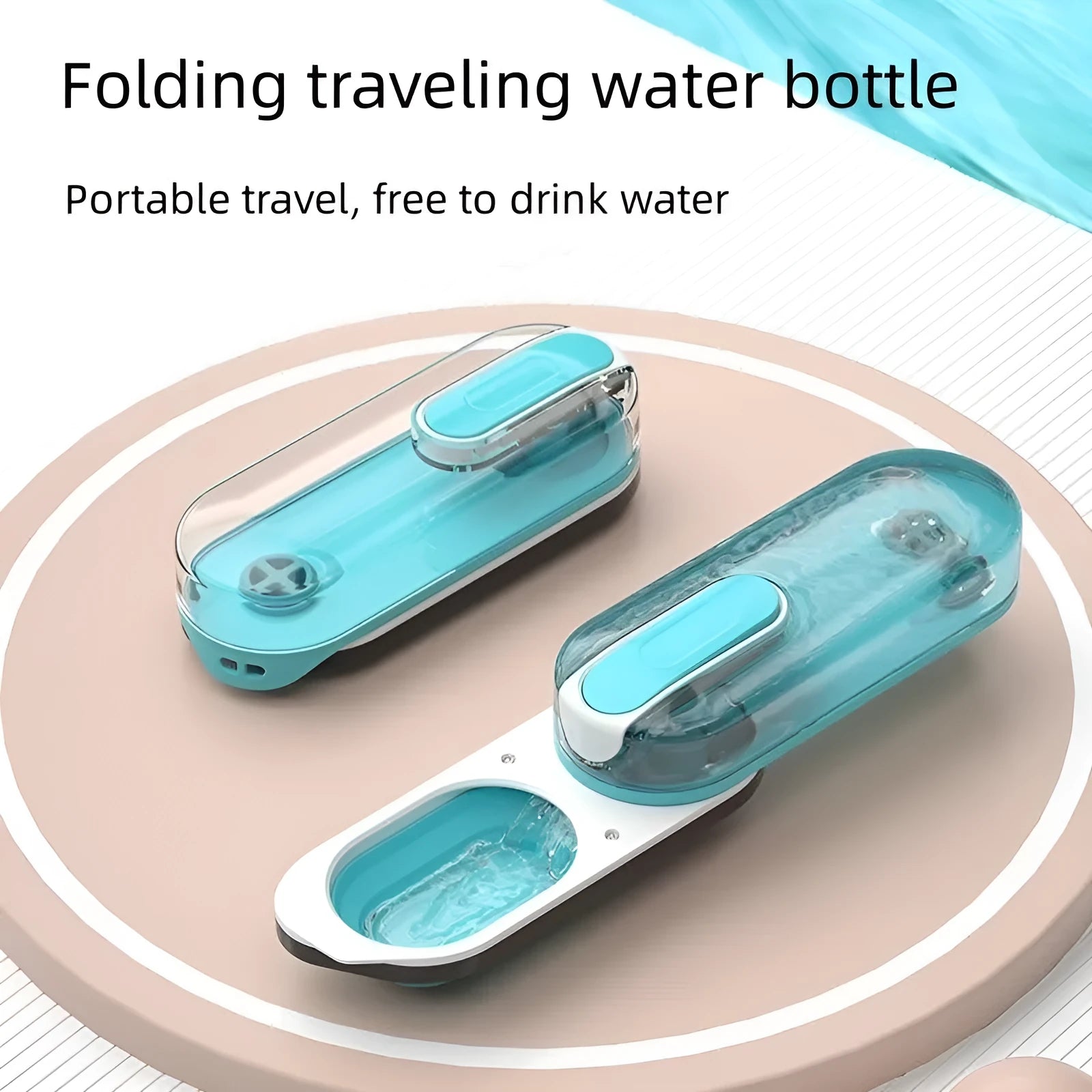 Portable dog water bottle with foldable drinking bowl in blue, grey or pink colours for outdoor pet walking