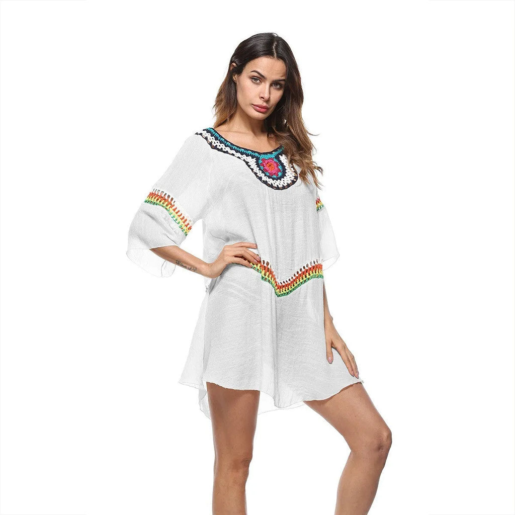 Women's crocheted ethnic style beach clothing set for swimming, shown in apricot colour.