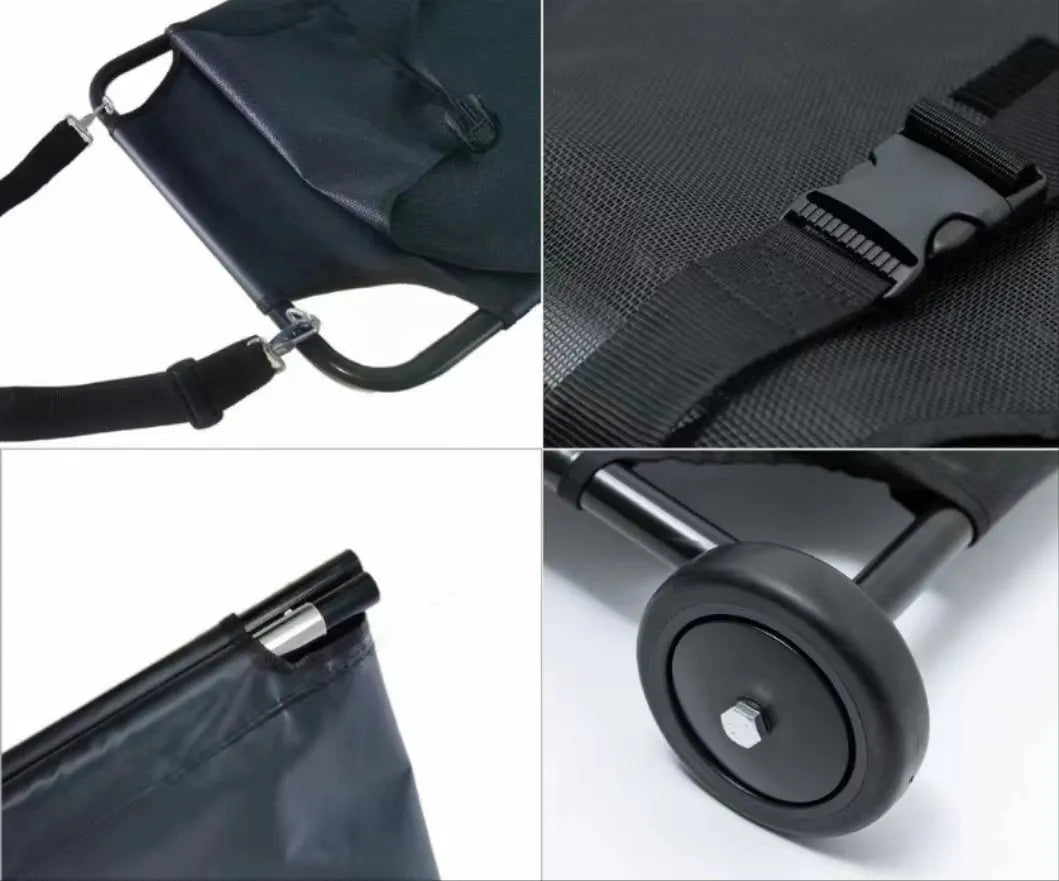 Black foldable aluminium alloy pet stretcher for large dogs in an emergency scenario.
