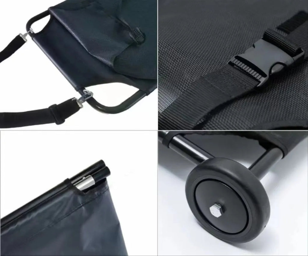Large black aluminium pet stretcher unfolded to 200cm length for dog emergency transfer