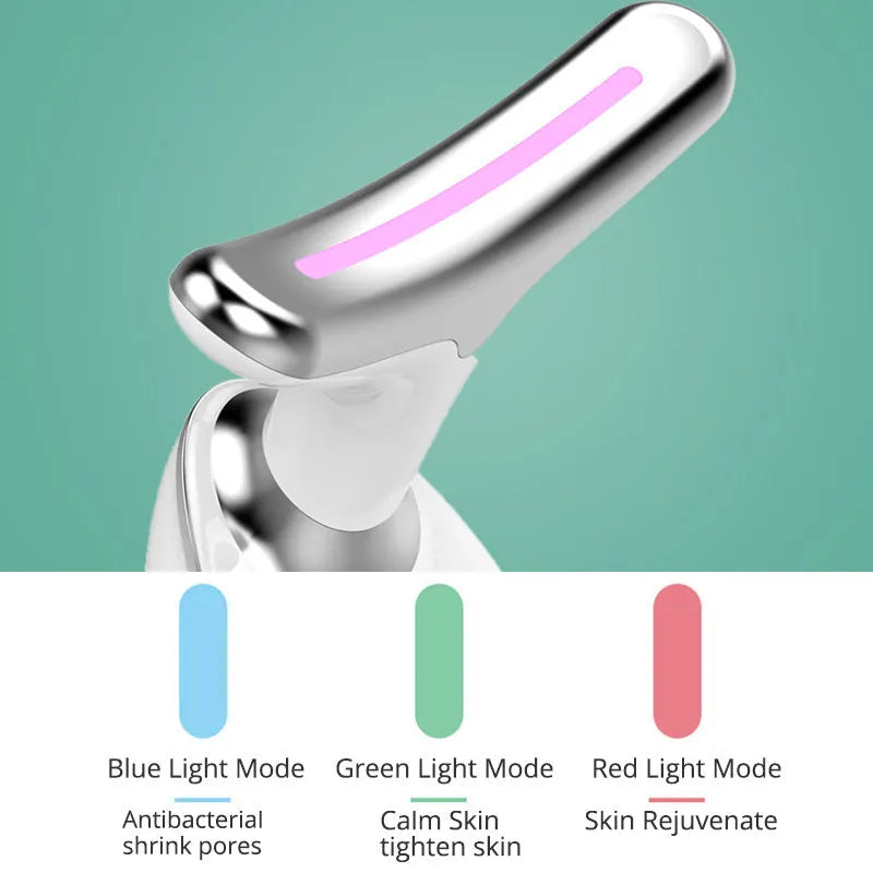 White EMS thermal neck lifting massager device with LED lights shown with USB cable and moisturiser.