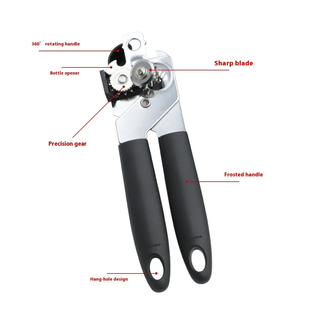 Black manual can opener and bottle opener with PP handle, 18.5cm length