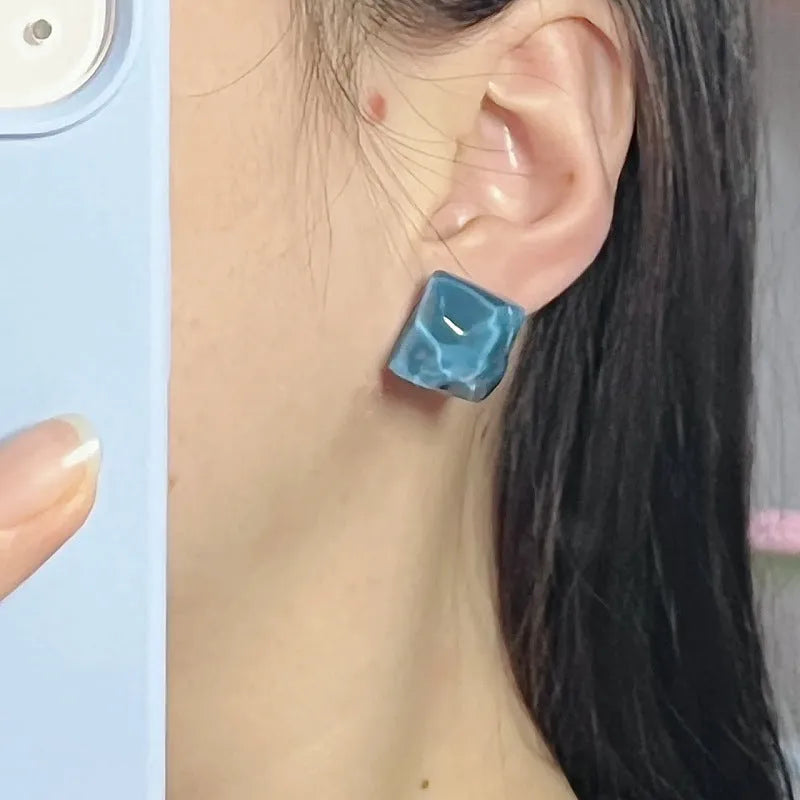Geometric square water ripple blue earrings in ice blue alloy, unisex Korean style