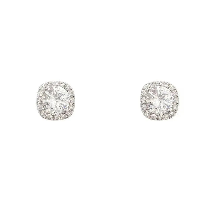 A pair of square geometric diamond-treated alloy earrings on a silver or gold background.
