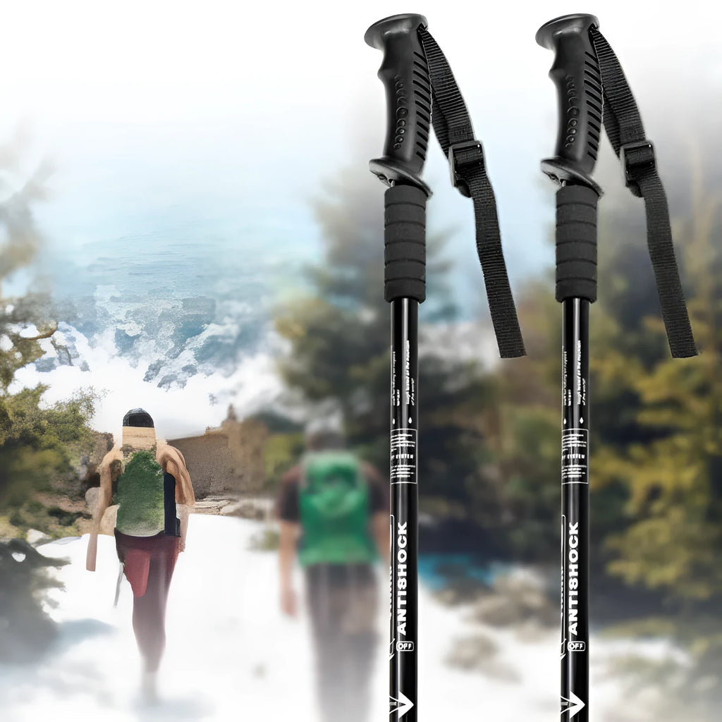Aluminium telescopic trekking poles with multiple tip accessories in black, blue, silver, or red.
