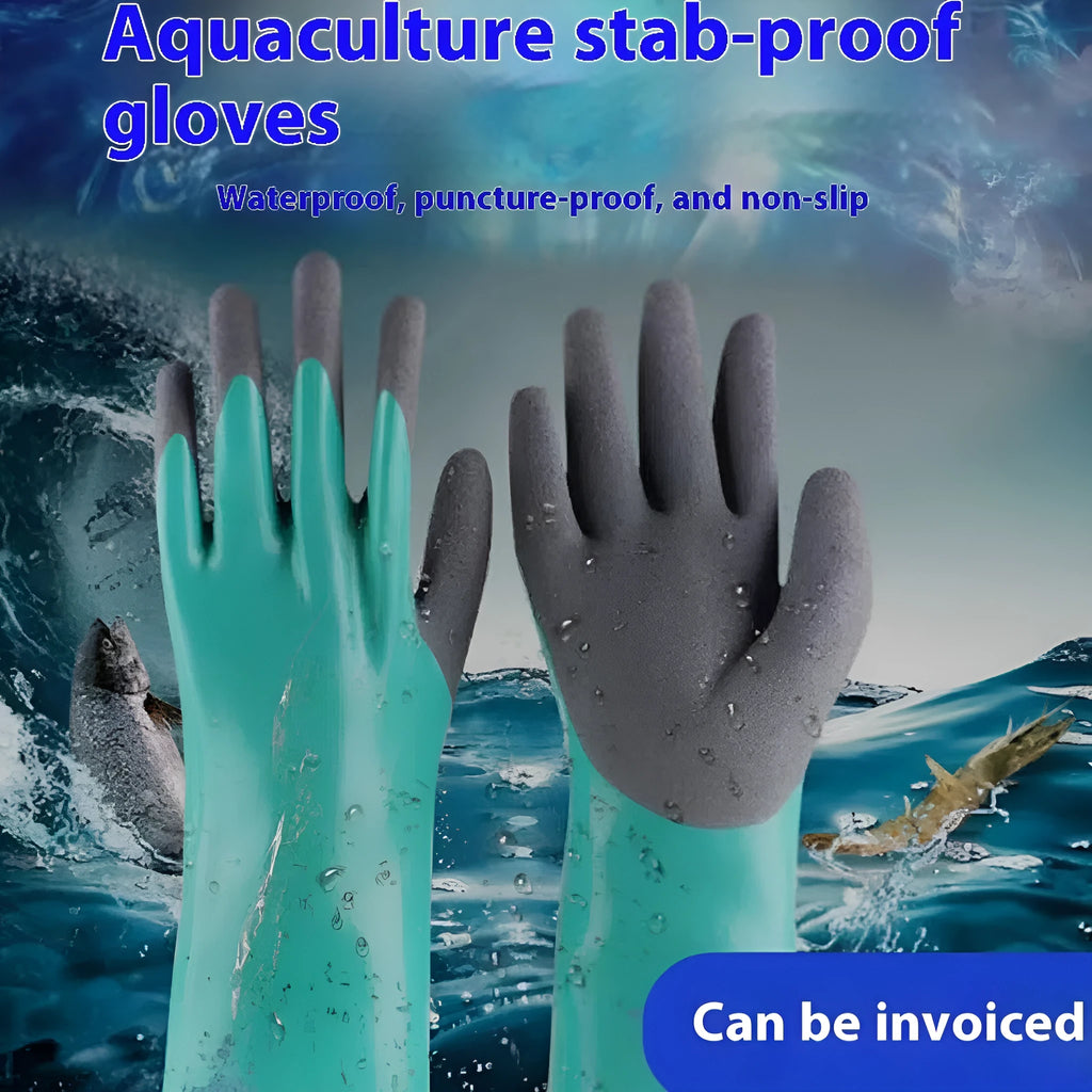 Navy blue nitrile waterproof gloves for fishing, shown in short and lengthened versions
