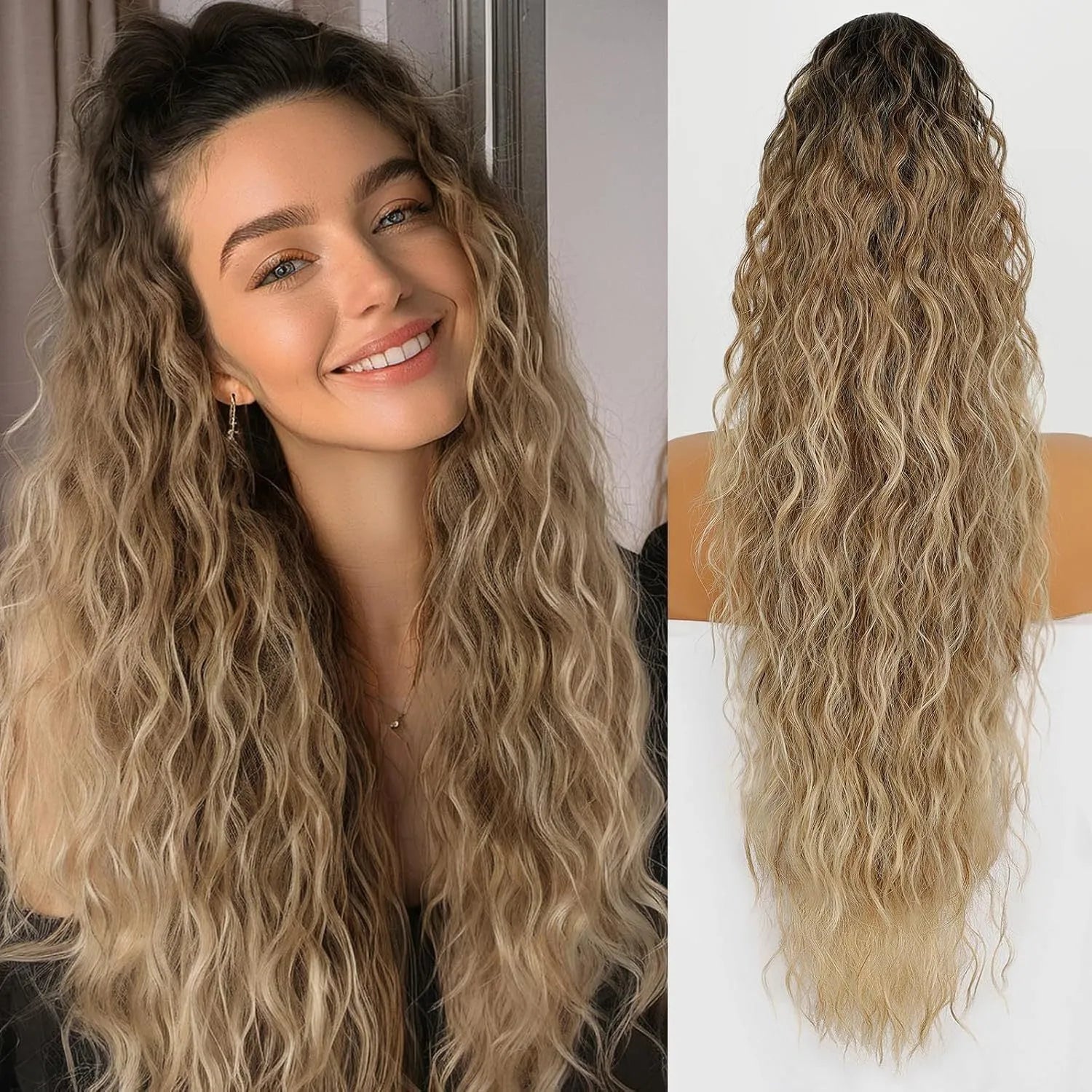 Long curly synthetic ponytail wig in high temperature fibre, 30 inches in length.