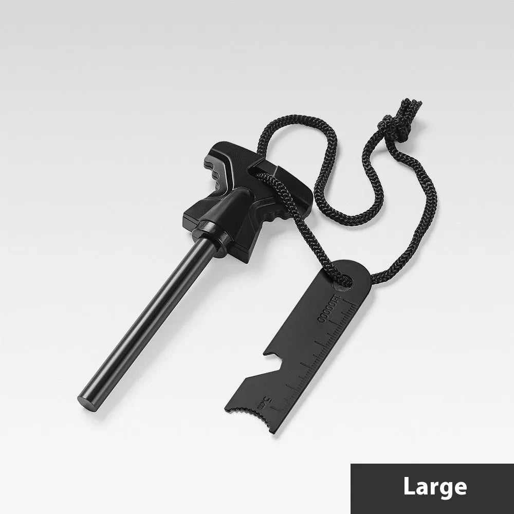 Butterfly-shaped stainless steel fire starter survival tool with bottle opener.