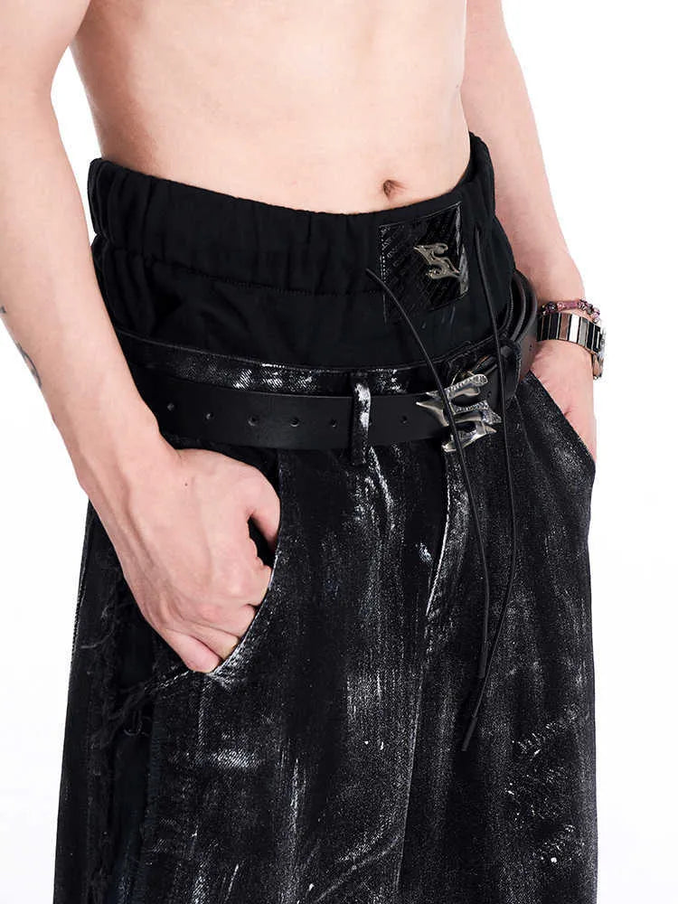Black men's two-layer cowhide leather belt with metal buckle, shown flat at 110cm length.