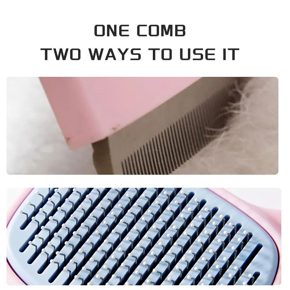 Blue double-sided pet grooming brush showing undercoat rake and dematting comb on a white background.