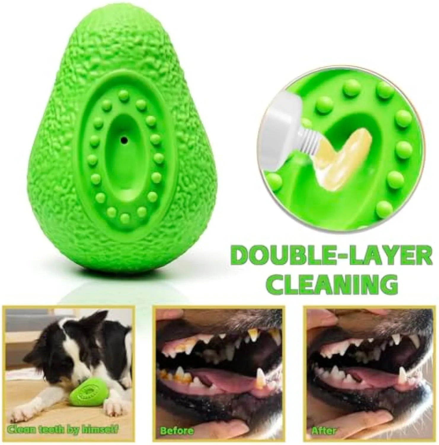 Green avocado-shaped heavy duty natural rubber dog chew toy for aggressive chewers