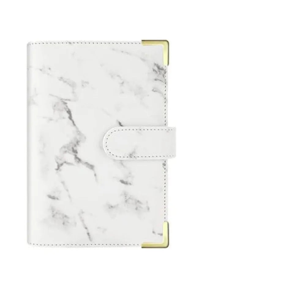 A6 loose-leaf binder journal with marbling leather PU cover, open to show budget sheets and zip pockets