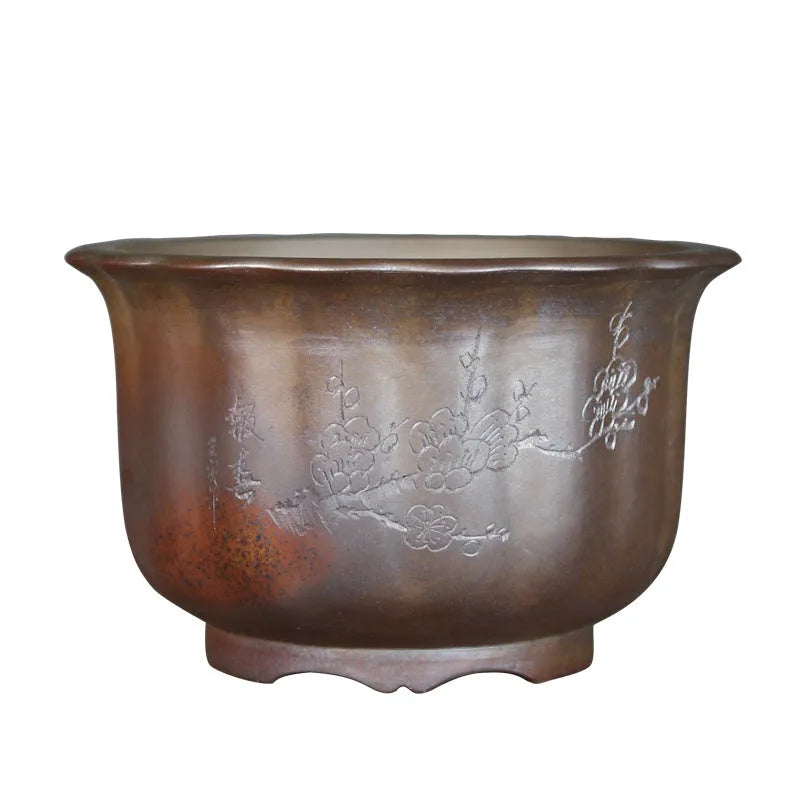 Indoor antique carved purple sand ceramic bonsai pot in large size with wood-grain finish.