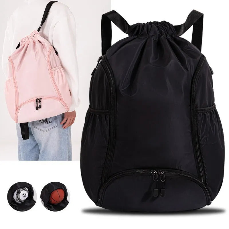 Cube-shaped sports backpack with drawstring closure in colour options including black, grey, green