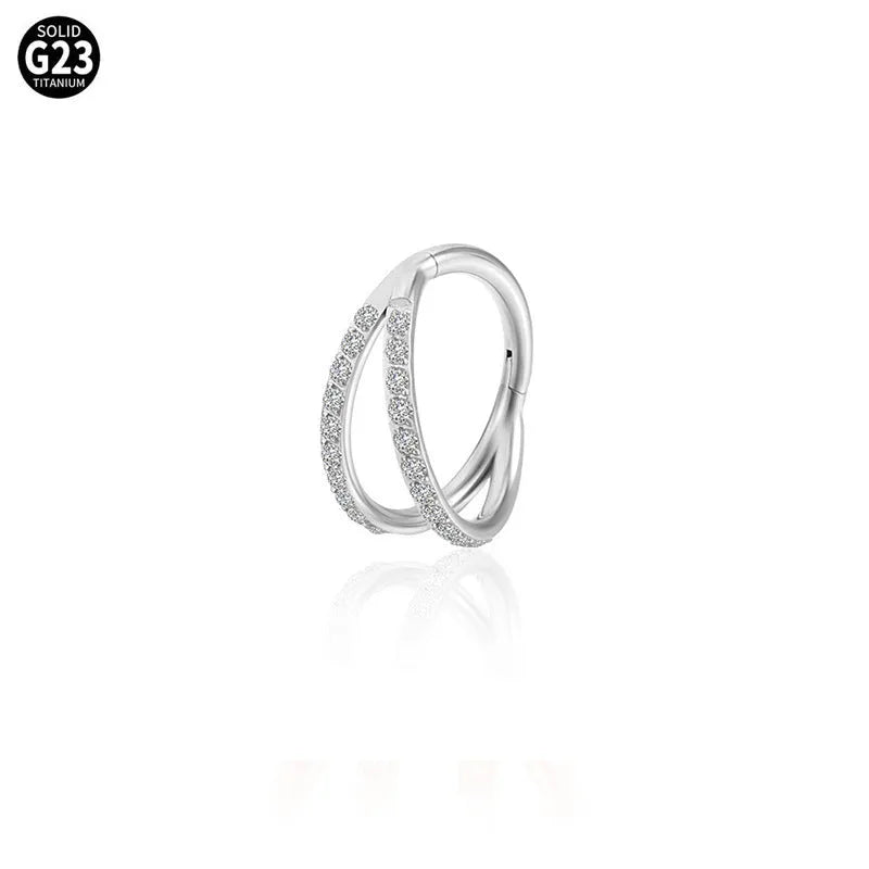 G23 titanium alloy nose ring with monoclinic diamond coating in steel or gold colour, showing size options.