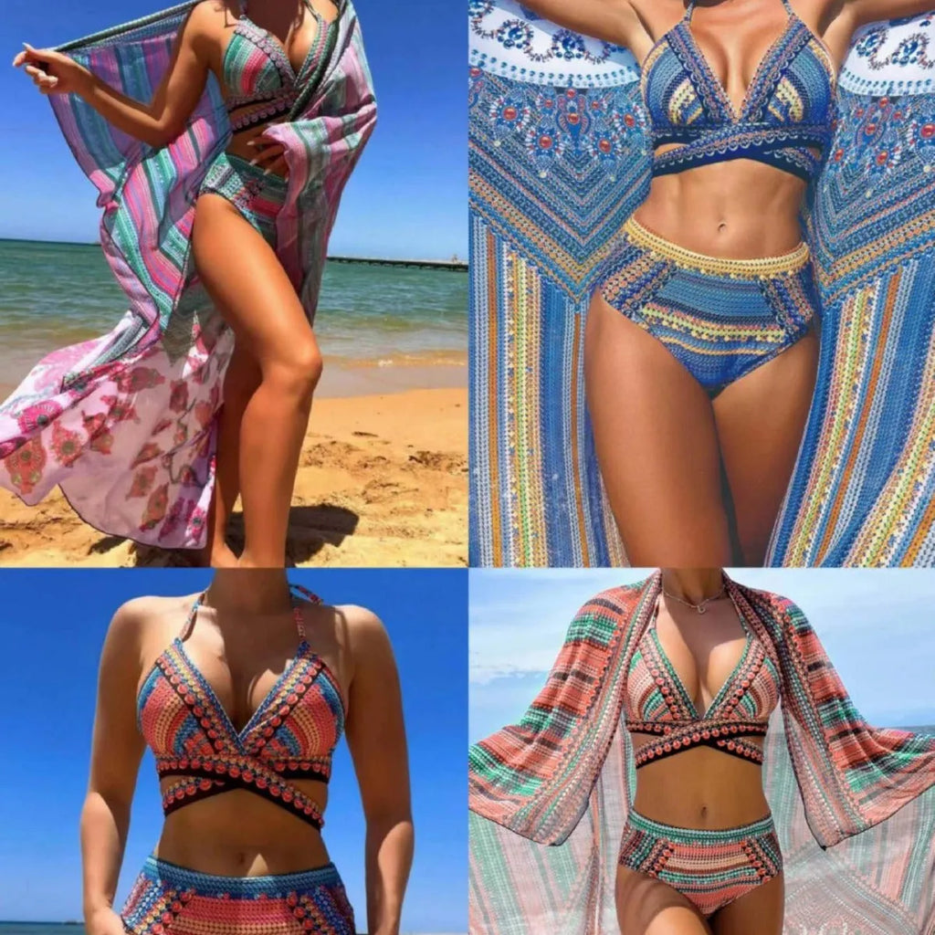 Women's cross bandage three-piece swimsuit set with high waist briefs and veils split design in blue