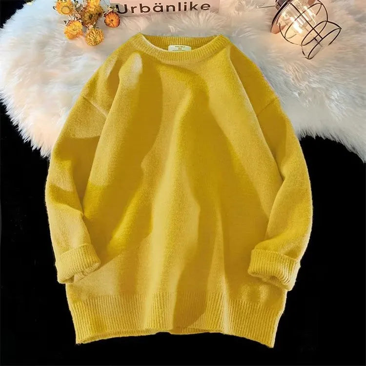 Men's loose round neck pullover sweater in multiple colour options: black, white, yellow, gray, light blue, and dark blue