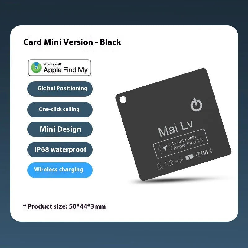 MFI Findmy AirTag anti-lost card tracker in black, shown next to a set of keys highlighting its slim 84mm x 52mm size.