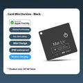 MFI Findmy AirTag anti-lost card tracker in black, shown next to a set of keys highlighting its slim 84mm x 52mm size.