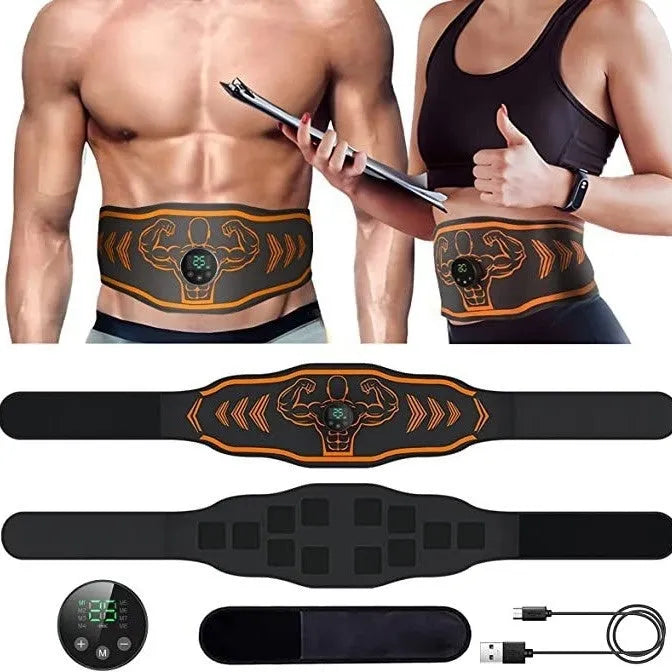 Blue and orange rechargeable EMS fitness massage belts with host units and arm stickers.