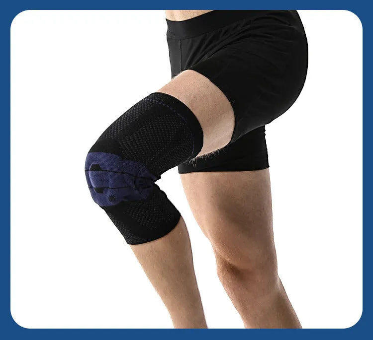 Adult sports knee pad in black and blue colour, made from nylon and spandex material.