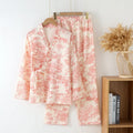 Women's pink cotton gauze lace-up trousers and long sleeve top homewear set