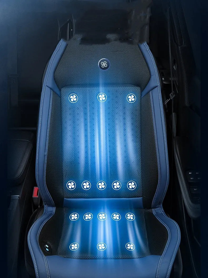 Car seat cooling pad with ventilation system and massage function in minimalist black design