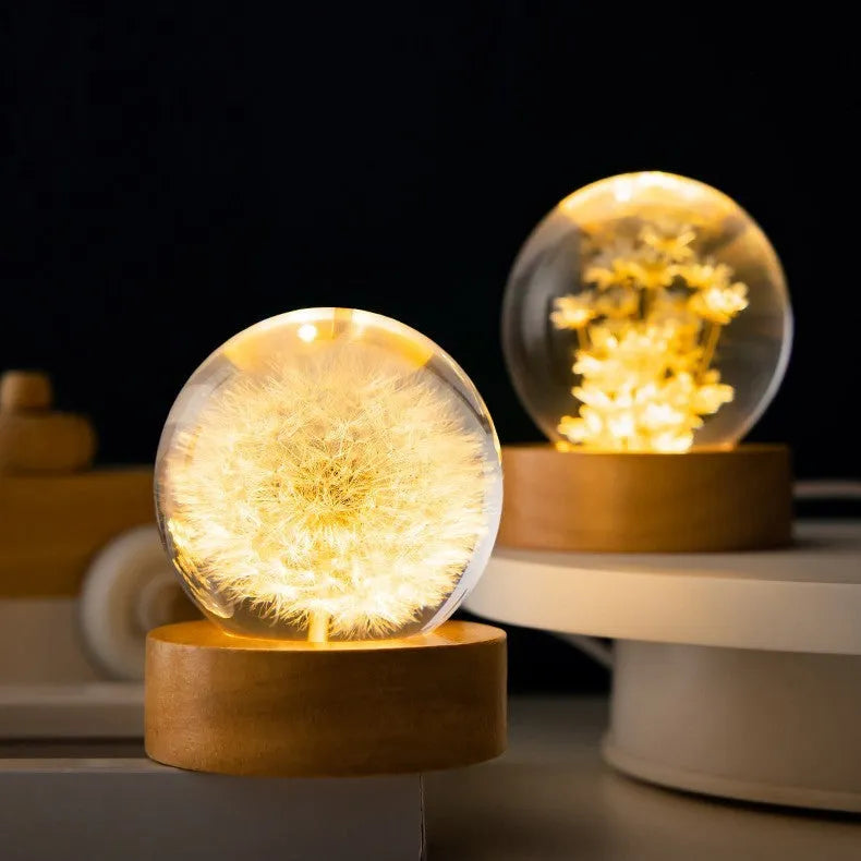 3D dandelion crystal ball on beech wood base with USB cable, showing preserved flower detail inside resin sphere