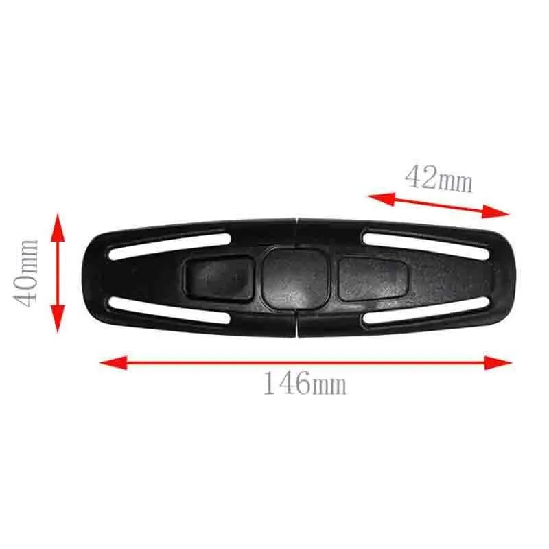 Black nylon seat belt clip for child safety seat 5-point harness systems measuring 14.5cm by 4cm