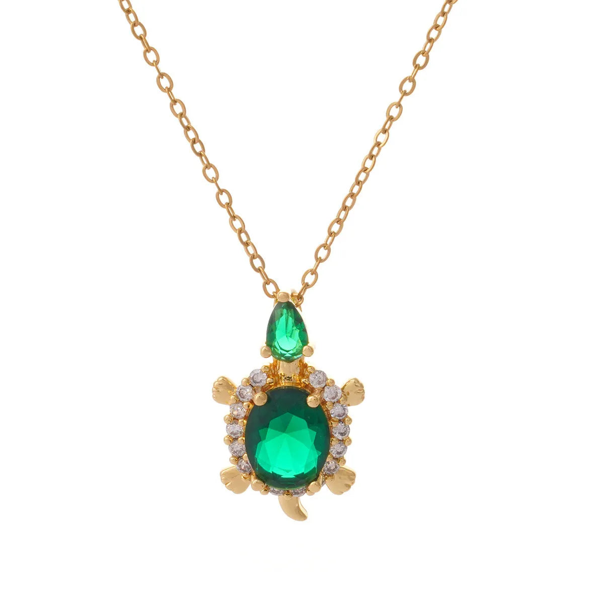 Gold-plated copper sea turtle necklace with zirconium accents and mixed gemstone inlay, O-link chain, light luxury style for women