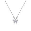 Women's silver butterfly opal pendant necklace on a cross chain, showing adjustable length.