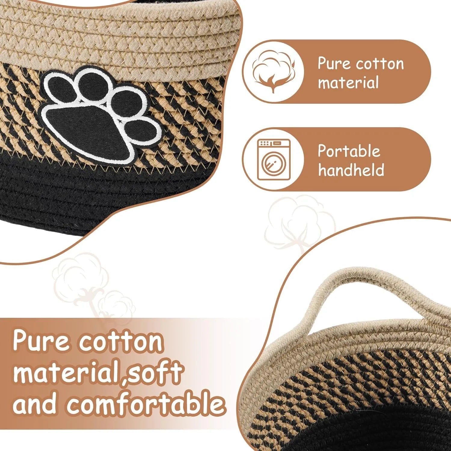 Handmade woven light beige cotton rope storage basket with wooden handles showing 34x26x15cm dimensions