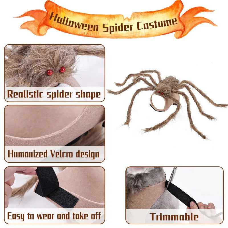 Grey and black spider Halloween costume on a dog showing back covering and adjustable leg straps.