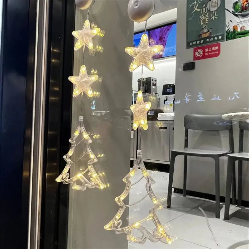 Christmas window lights with star-shaped LED pendants and suction cups for battery-operated festive decoration