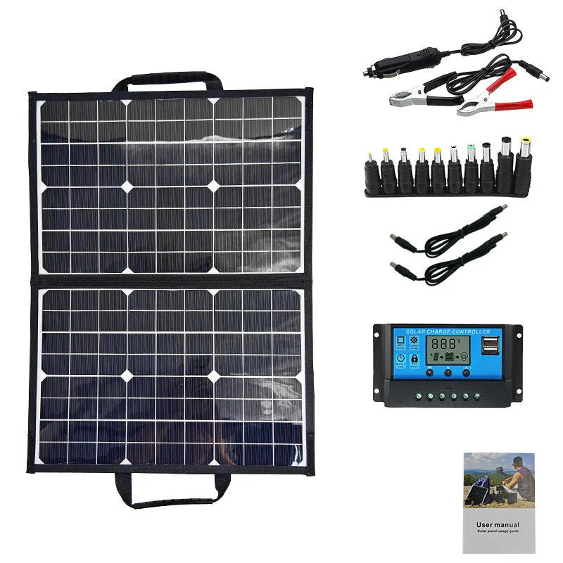 Black 40W folding solar charger bag showing compact folded size and single crystal panel.