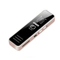 Compact black digital voice recorder with display showing recording time
